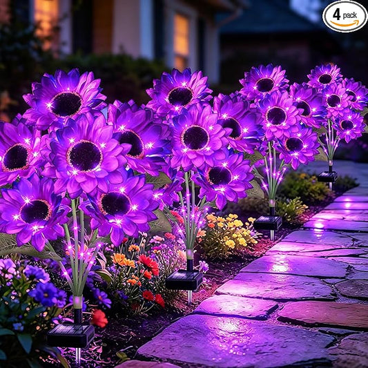 VOOKRY Solar Garden Lights Outdoor, 4 Pack Purple Sunflower Lights with 24 Flowers, Waterproof Summer Garden Decor Solar Flowers for Yard Backyard Patio Flowerbed Yard, Gift for Mom Women