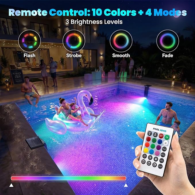 Solar Pool Lights Only for Inground Pools with Remote, 56 LEDs Brighter 3-Sided 180° Underwater Glow, 10 Colors 4 Modes, 3 Brightness Levels, IP68 Waterproof（1 Pack）