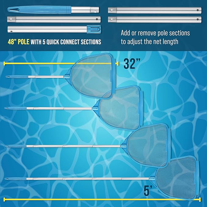 U.S. Pool Supply Pool and Spa Skimmer Net with Pole, Handheld Fine Mesh Pool Skimmer Net - Hand Held Spa, Hot Tub, Pond Cleaning - Step-Up 32" to 5 Feet Long, Leaf Netting, Scoop Skim Leaves & Debris