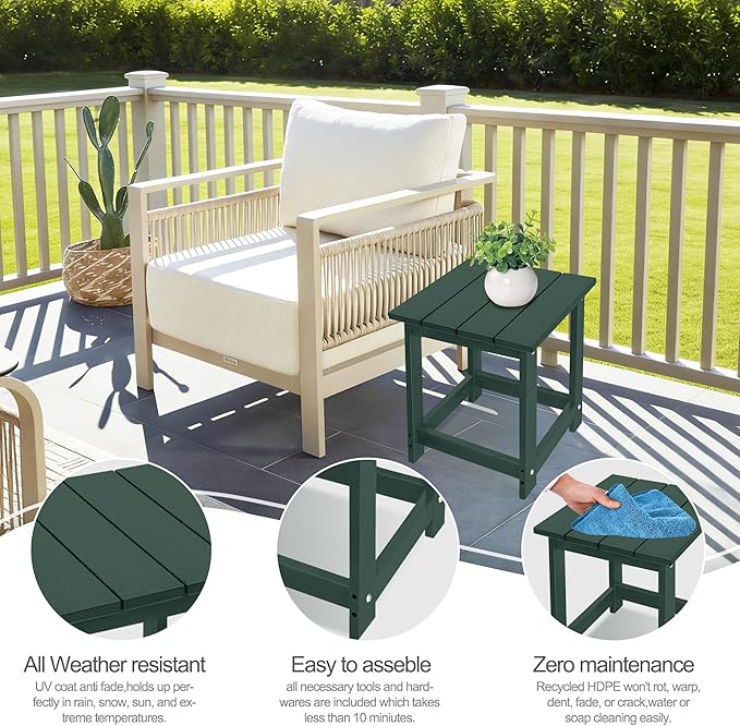 LZRS Square Patio Side Table, Heavy Duty HDPE Outdoor End Table with Wood Texture, Weatherproof Composite Table for Adirondack Chairs, Deck, Pool, Indoor/Outdoor, No Peeling or Cracking(Dark Green)