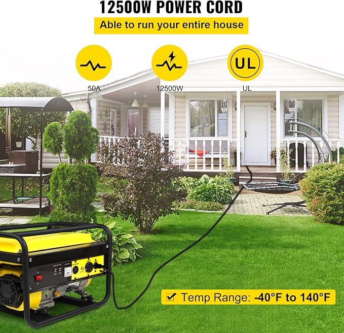 VEVOR 25 FT 50 Amp Generator Extension Cord 6/3+8/1 AWG STW 50A RV Power Cord NEMA 14-50P to Bare Wire Cut Cord for Manual Transfer Switch Home Backup Camper Trailer Temporary Power ETL Certified