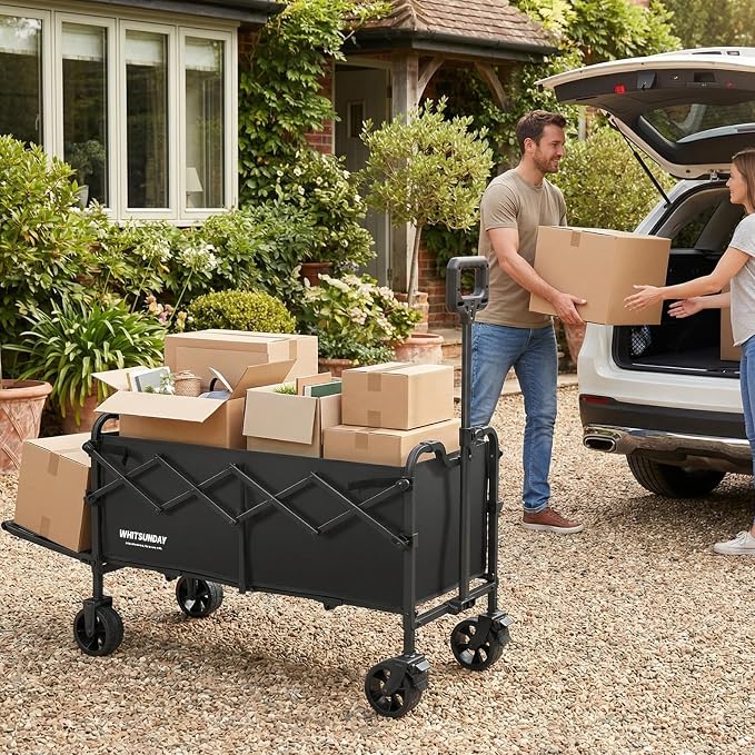 Collapsible Folding Wagon Cart, Heavy Duty Utility Wagons with Tailgate & Wheels,Portable Utility Cart for Camping,Garden,Beach,Sports Black