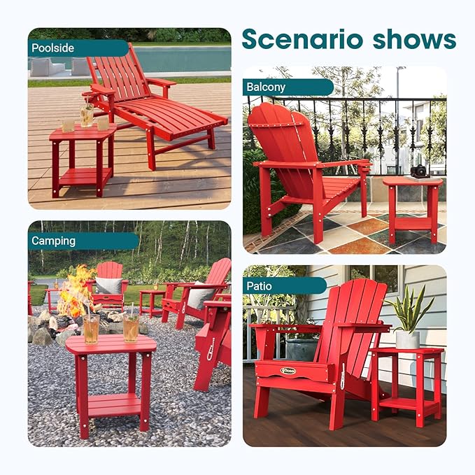 THOEOE Adirondack Outdoor Side Table, 2-Tier Sturdy Patio End Table Weather Resistant, Morden Side Table for Patio, Pool, Porch, Red