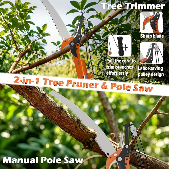 5-24 FT Extendable Manual Pole Saw, Tree Trimming Pruner with Flip & Screw Dual Lock, Adjustable Long Handle High Reach Cutter for Yard & Garden
