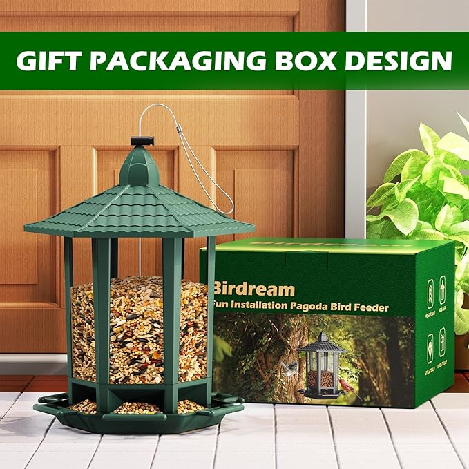 Birdream 2 Pack Bird Feeders for Outdoor Hanging, Retro Pagoda Design Fun Installation Bird Feeder, Attracting Wild Birds Chickadees Goldfinches Cardinals Finches and Sparrows - Green