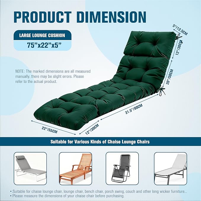MTMR Chaise Lounge Cushion Outdoor, Non-Slip Chair Cushion for Patio Furniture, Waterproof Outdoor Replacement Seat Pad for Pool Lawn Wicker Couch Bench Loveseat, Long Thick Lounge Cushion, Emerald