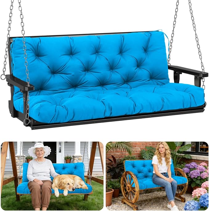 Porch Swing Cushions Outdoor 48 inch x 40 Waterproof Swing Cushions 3 Seater Replacement with Backrest & 8 Ties 5" Thick Bench Swing Cushions for Outdoor Furniture Patio(Peacock Blue)
