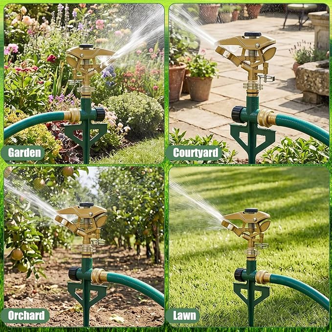 LemonRoad 4 Pack Heavy Duty Brass Impact Sprinkler on Metal Spike Base 360 Degree Automatic Pulsating Lawn Sprinkler for Large Area Yard Garden Irrigation System for Large Area Grass Garden Irrigation