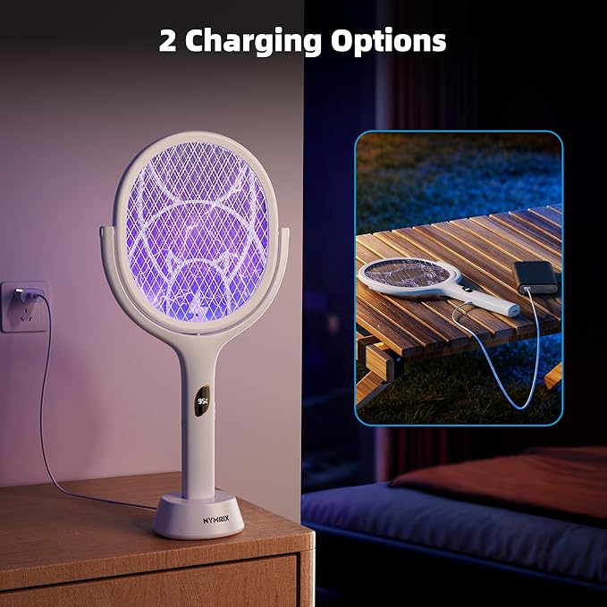 Nymrix Electric Fly Swatter Racket with Rotating Head & Telescopic Handle, 2-in-1 Bug Zapper, 4100V Rechargeable Mosquito Killer with 2600 mAh Battery for Indoor & Outdoor Use (White,2 Pack)