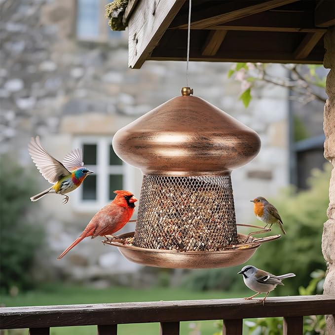 Bird Feeder, Heavy Duty Metal Bird Feeders for Outdoor Hanging, Cute Mushroom Shape Wild Birdfeeder for Outside Garden Yard (Brown)
