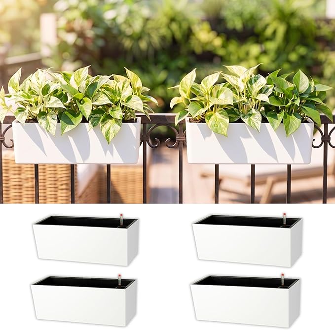LaLaGreen Balcony Flower Boxes Over the Rail (16 Inch, 4 Pack) White Rectangular Self-Watering Railing Planters with Metal Brackets, Plastic Window Box for Outdoor Plants Herbs Deck Fence Garden