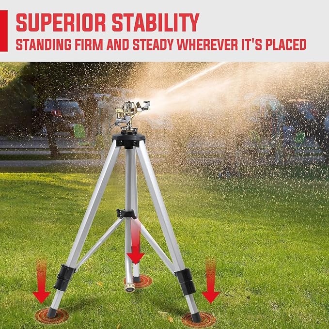 YAMATIC Tripod Impact Sprinkler for Yard Large Area, Heavy Duty Metal Lawn and Garden Sprinkler, 18"-36" Adjustable Height, 20°-360° Rotation Control, 3/4" Brass Quick Connect for Garden Hose, 1 Pack