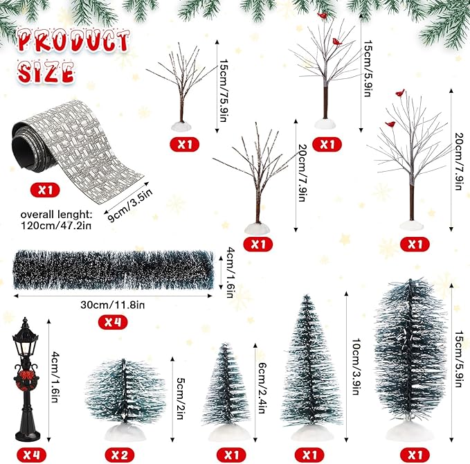 Hotop 18pc Christmas Village Accessories 47.2 Inch Village Roads Mini Snowy Trees Streets Light Lamppost Hedge Figurines Set for Display Winter Holiday Decorations DIY Crafts No Batteries(Joyous)