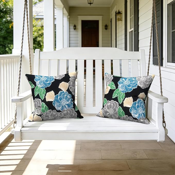 LVTXIII 2 Pack Outdoor Throw Pillow Covers for Patio Furniture, 16x16 Inch Square Pillow Case, Water-Repellent Cushion Covers for Garden, Porch, Sofa, Sketch Peony