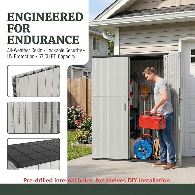 Outdoor Storage Shed 57 Cu.ft with 6 Adjustable Shelves – Weatherproof Resin Storage Cabinet with Floor, Lockable Vertical Shed for Garden Tools, Lawn Mower, Pool Equipment & Organization