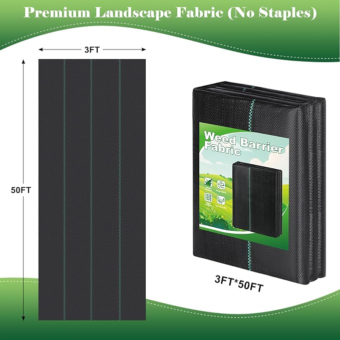 FEED GARDEN 3FT x 50FT Landscape Fabric Weed Barrier Fabric, Heavy Duty Weed Control Mat, Weed Blocker Ground Cover Geotextile Fabric for Gardening