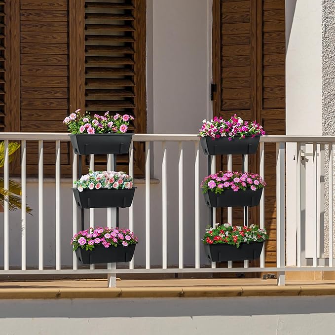 OYEAL Railing Planter Box Black Hanging Window Boxes Planter with Adjustable Brackets, Outdoor Set of 2 Deck Rail Planters with 6 Detachable Plastic Flower Pots for Garden Fence, Patio, Windowsill