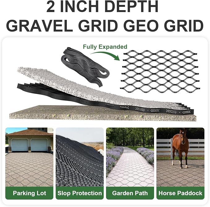 Gravel Grid 2'' Depth with Metal Stakes, 6.6x65 FT Geogrid for Gravel Driveway 2200 lbs per Sq FT Erosion Control Ground Grid Gravel Stabilizer Grid for Driveway, Parking Lot, Slope, Walkway, Patio