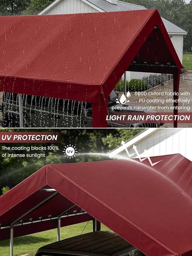 12 x 20 Ft Carport Replacement Cover, Heavy Duty Outdoor Car Tarp Canopy, Waterproof & UV Protected Tear Oxford Tarp with Ball Bungees (Frame is Not Included)