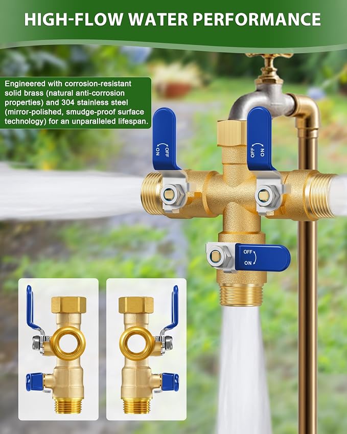 Garden Hose Splitter, 3 Way Heavy Duty Brass hose splitter, Water Hose Bib Spigot Splitter with 0.59" Full Flow Ball Valve Outlet & Shut-Off Valve 3/4'' Connector Outdoor Water Faucet Adapter（Blue）