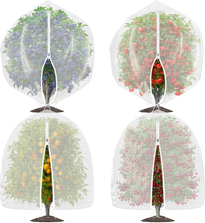 OZMI 4 Pack Bird Netting for Garden Protection with Zipper & Drawstring, 2.3FT x 3.4FT Reusable Mosquito Net Plant Netting Cover for Fruit Tree Blueberry Bush Shrubs Vegetables Tomato