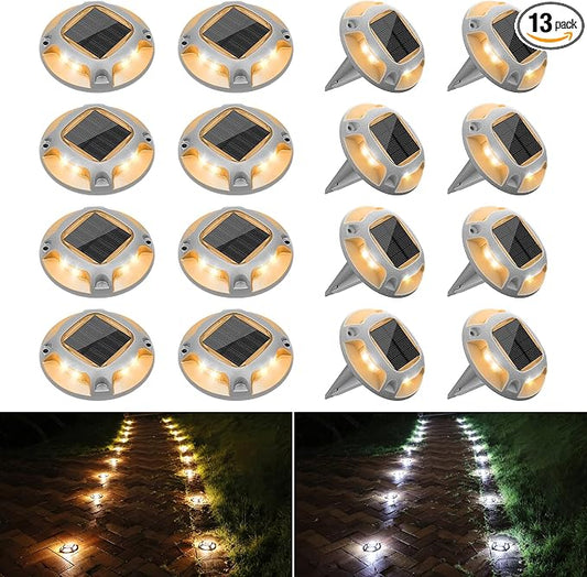 VOLISUN Solar Driveway Lights Dock Deck Lights 16 Pack,2 Colors in 1 Led IP67 Waterproof Outdoor Warning Step Lights for Driveway Sidewalk Pathway (White/Warm White)