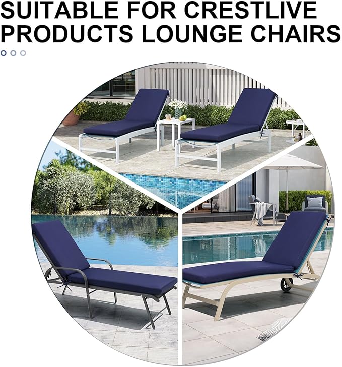 Crestlive Outdoor Chaise Lounge Cushions, 3 Years Fade Resistant Water Resistant Lounge Chair Cushion, 80''L x 23''W, Set of 2, Navy