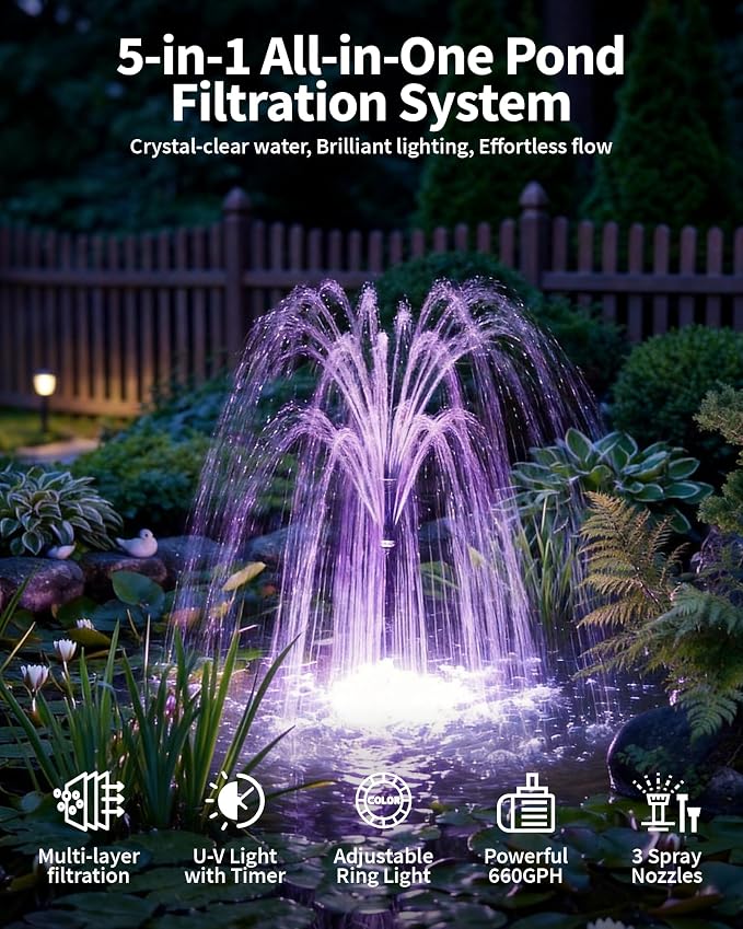 POPOSOAP Pond Filter with Fountain Kits Built-in U-V Clarifier, 660GPH Pond Pump Filter with RGB LED Lights & Remote Controller Light Timer, Pond Filters for Outdoor Ponds Clean, Clear P2300D