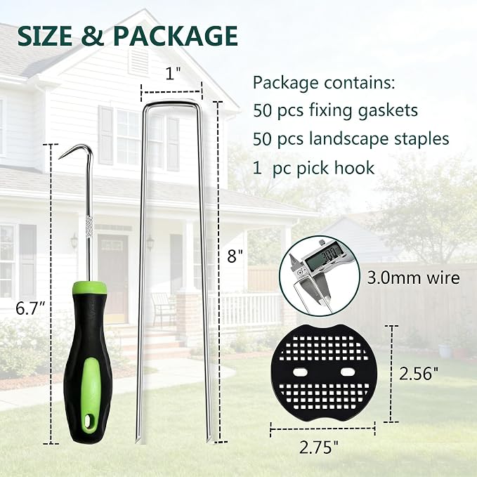8 Inch 50 PCS Galvanized Landscape Staples with 50 PCS Gasket, Landscape Fabric Pins Stakes Lawn Ground Cover Graden Staples Spikes Weed Barrier Stakes