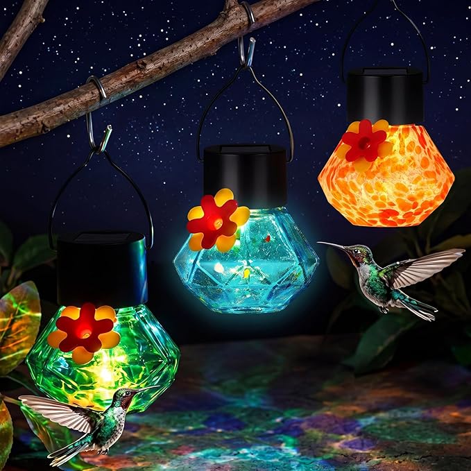 Nuogo 3 Pcs 3.54 Inch Blown Glass Hummingbird Feeders Solar Powered Hummingbird Feeder with LED Light for Garden Outdoors Window Decor Valentine Hanging Gifts Ant and Bee Resistant (Color C,Novel)
