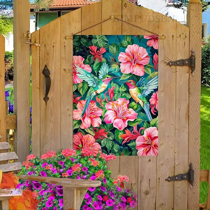 Spring Summer House Flag 28 x 40 Inch Double Sided, Colorful Hummingbird Floral Garden Flag Large Outdoor Seasonal Flags for Garden Patio Lawn Decor