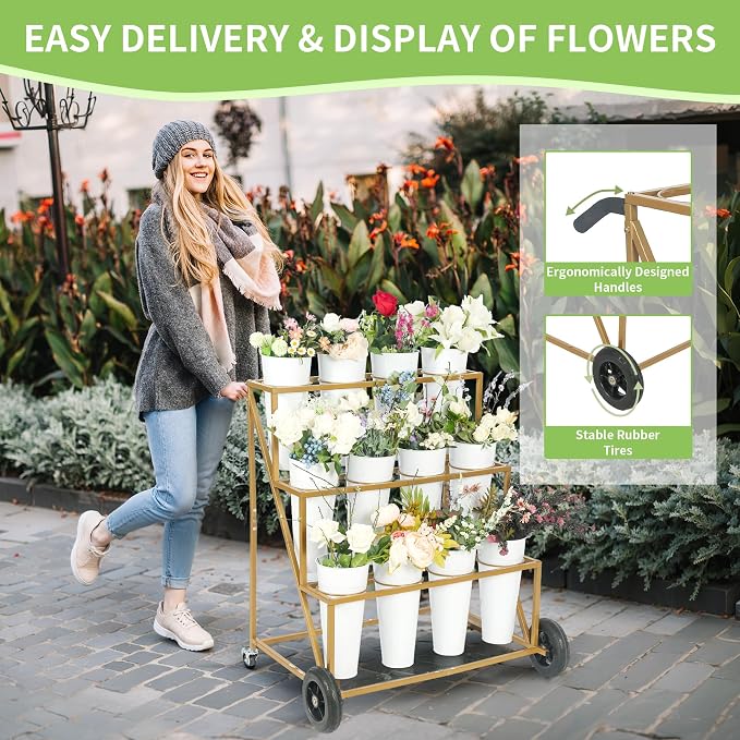 Flower Bar Stand with 12 Iron Buckets - Flower Display Stand with Big Wheels - Hand-Pushed Moving Flower Cart for Garden and Wedding - 3 Layers Gold Florist Bouquet Holder