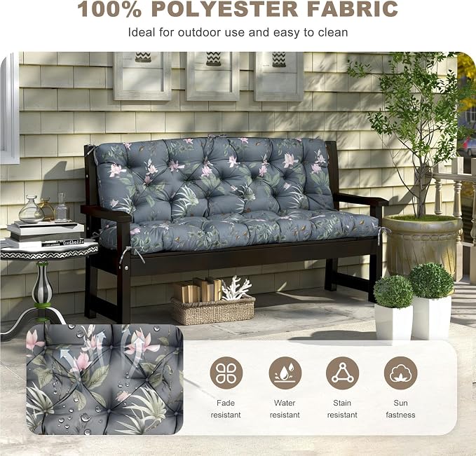 Porch Swing Cushion with Backrest,Waterproof Bench Cushion for Outdoor Furniture,2-3 Seater Replacement Thickened Swing Cushion with Ties,Patio,Outdoor,Backyard and Garden (Tropical Blossom,47x40")