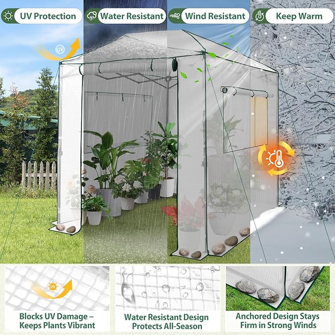EAGLE PEAK 8x6 Portable Walk in Greenhouse, Pop Up Indoor Outdoor Greenhouse, Green House Kit with Zippered Roll-Up Doors and Windows, PE Cover, Clear/White
