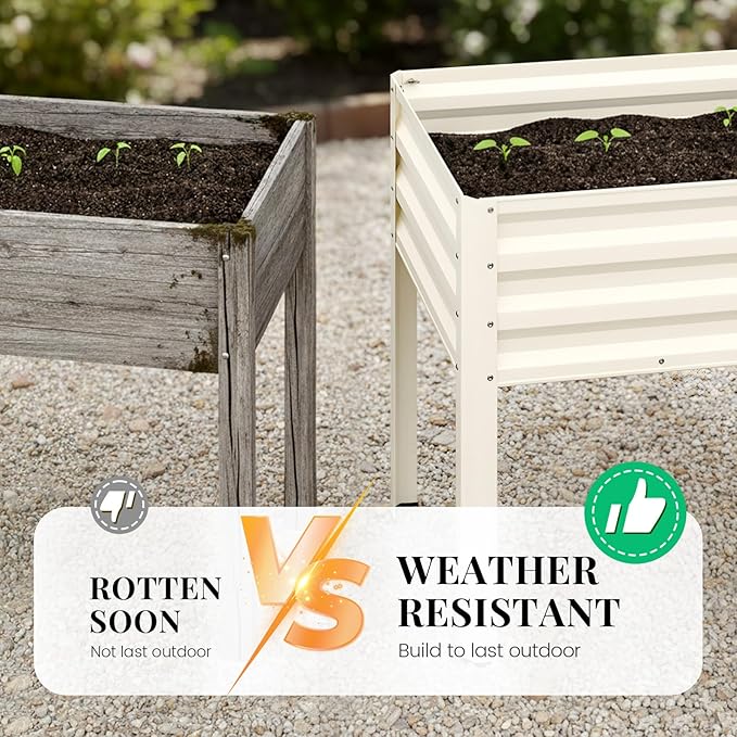 King Bird Large Raised Garden Bed with Cover Galvanized Elevated Planter Box with Legs 48×24×56 in for Backyard, Patio, Balcony, 400lb Capacity, Beige
