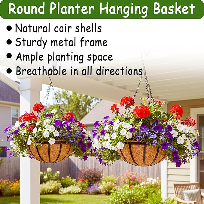 4pcs 14 inch Metal Hanging Baskets Round Wire Plant Stand with Coco Lining Cushion Decorative Planter Hanger Garden Indoor Outdoor Watering Hanging Basket （BT）