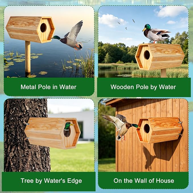 Mallard Nesting Box, Wood Duck House for Outdoor Hexagonal Large Duck House with Dual Entrances for Ponds, Wetlands, Backyards 19.7 X 10.2 X 10.2 Inches