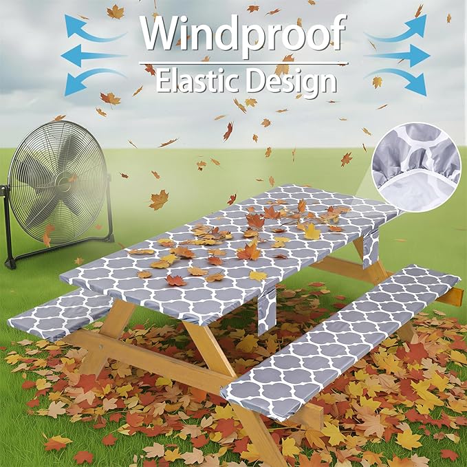 Fitted Waterproof Picnic Table Cover with Bench Covers Elastic Polyester 72In Camping Tablecloths for 6Foot Rectangle Tables Summer Fall Glamping Roadtrip Stuff Festival Vacation Items Gift