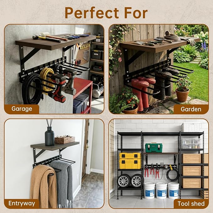 Decoroca Wall Mount Boot Rack, Garden Tool Organizer With 5 Curved Hooks & Wood Shelf, Heavy Duty Wader Boot Hangers Organizer Rack Trays for Outdoor/Indoor, Garden, Garage (2 Pack)