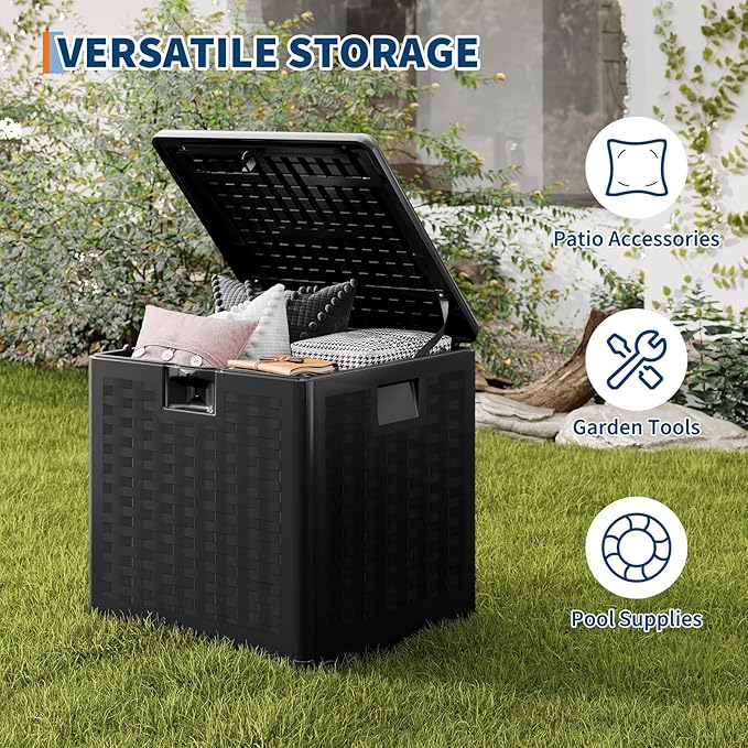 GarveeLife 28 Gallon Resin Deck Box, Weatherproof and UV Resistant Outdoor Storage Box, Lockable Outdoor Storage Bin for Patio Cushions, Garden Tools, Pool Supplies, Package Delivery, Black