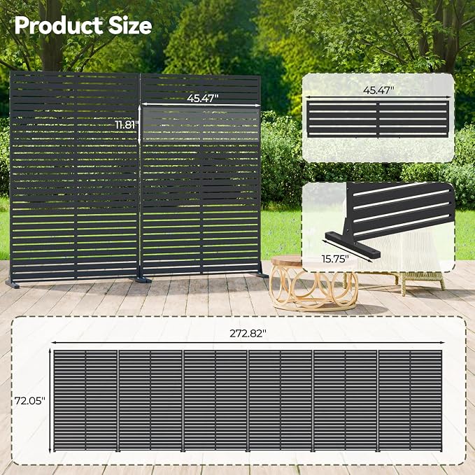 Outdoor Privacy Screen Panel 72" Freestanding Privacy Fence with Stand, HDPE Decorative Privacy Screens with Louvered 6 Panels, Weather-Resistant Panel Fence for Patio, Balcony,Pool, Black