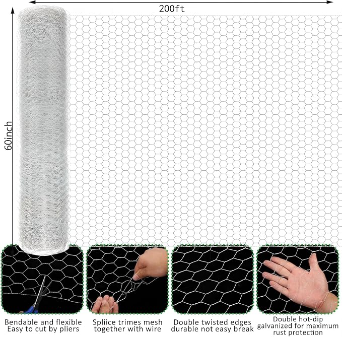 60 in X 200 ft Chicken Wire Fencing Metal Floral Chicken Wire Fence for Crafts 1 Inch Hexagonal Galvanized Poultry Wire Netting for Chicken Coop Barrier Rabbit Cage