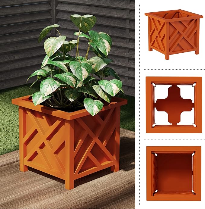 Lattice Design Outdoor Planter Box 2-Pack - 14.75” Square 13” Tall Terracotta Decorative Plant Pots for Front Porch Decor - Flower Pots Outdoor Planters for Porch Patio or Garden Decor by Pure Garden