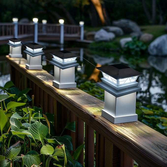 TW SHINE 8 Pack Solar Outdoor Fence Post Lights, 2 Modes Post Cap Lights Waterproof Warm White/Cool White for Yard, Garden, Porch, Patio Decor, for 4x4 5x5 6x6 Wood Posts, White