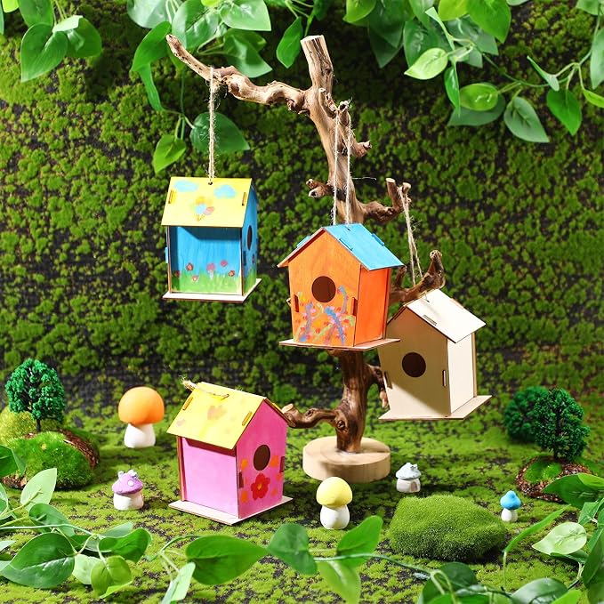 DoubleFill 120 Pcs 4.33" Wooden Bird Houses Crafts Kit for Kids DIY Unfinished Hanging Birdhouse for Art Painting Wood Toys Boy Girl Class Back to School Classroom Project Parties Creative Activity