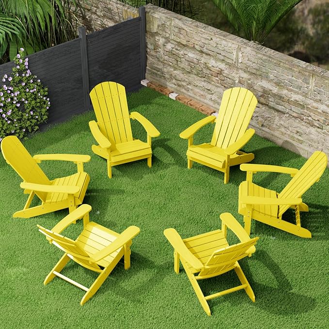 YEFU Adirondack Chairs Set of 6: Plastic Adirondack Chairs - Patio Chairs with Wood Texture - Outdoor Chair HIPS - Lawn Fire Pit Deck Porch Garden Chairs for Adults (Yellow)