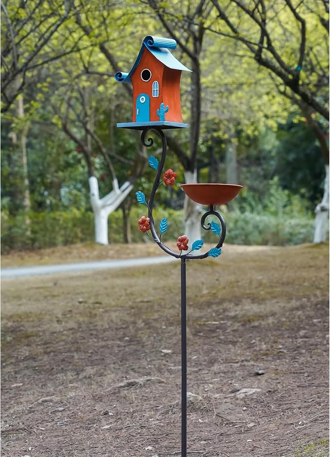 71" Tall Iron Fairy Tale Birdhouse with Bathing Platform, 1.2" Squirrel Guard Entry & Ground Spikes, Whimsical Garden Centerpiece Decoration