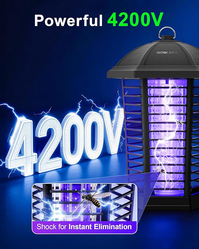 WowCatch LED Bug Zapper Outdoor, IPX4 Weatherproof, Up to 50,000 Hrs Lifespan (No Bulb Replacement) Mosquito Killer, 4200V Electric Fly Zapper for Open Patios, Backyard, Home, Camping