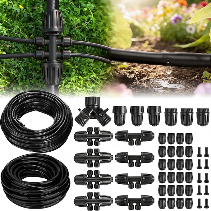 132FT Drip Irrigation Tubing Kit with 1/2 inch Drip Irrigation Tubing, 1/4 inch Irrigation Dripline, and Irrigation Parts for Garden, Raised Beds, and Greenhouse Watering