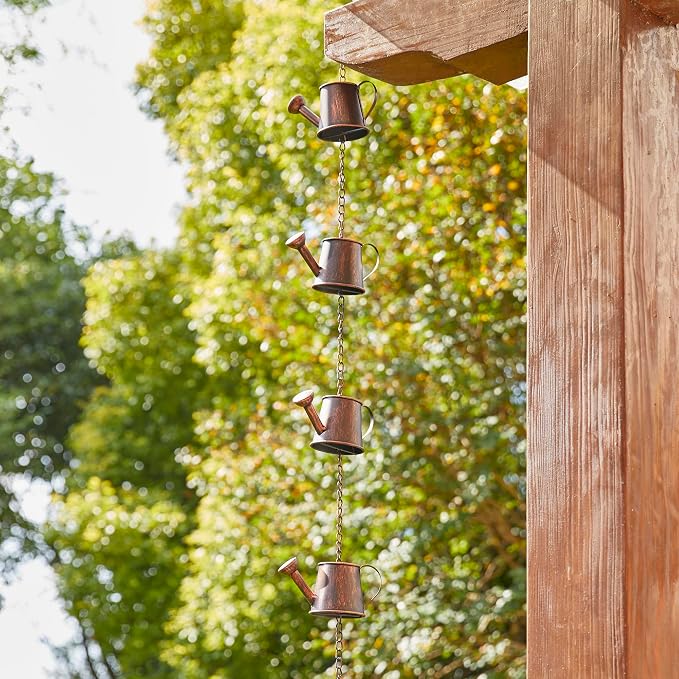 Glitzhome 8.5ft Rain Chain for Gutters 11-Piece Faux Copper Watering Pot Catcher Replacement for Downpout